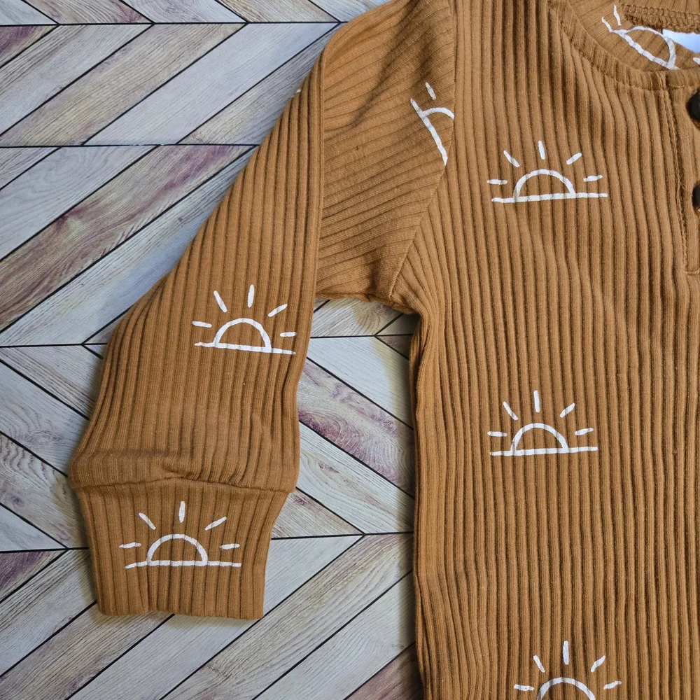 Baby Boy Girl Sun Print Ribbed Long Sleeve Onesie Pants Beanie Lounge Set 12-18M